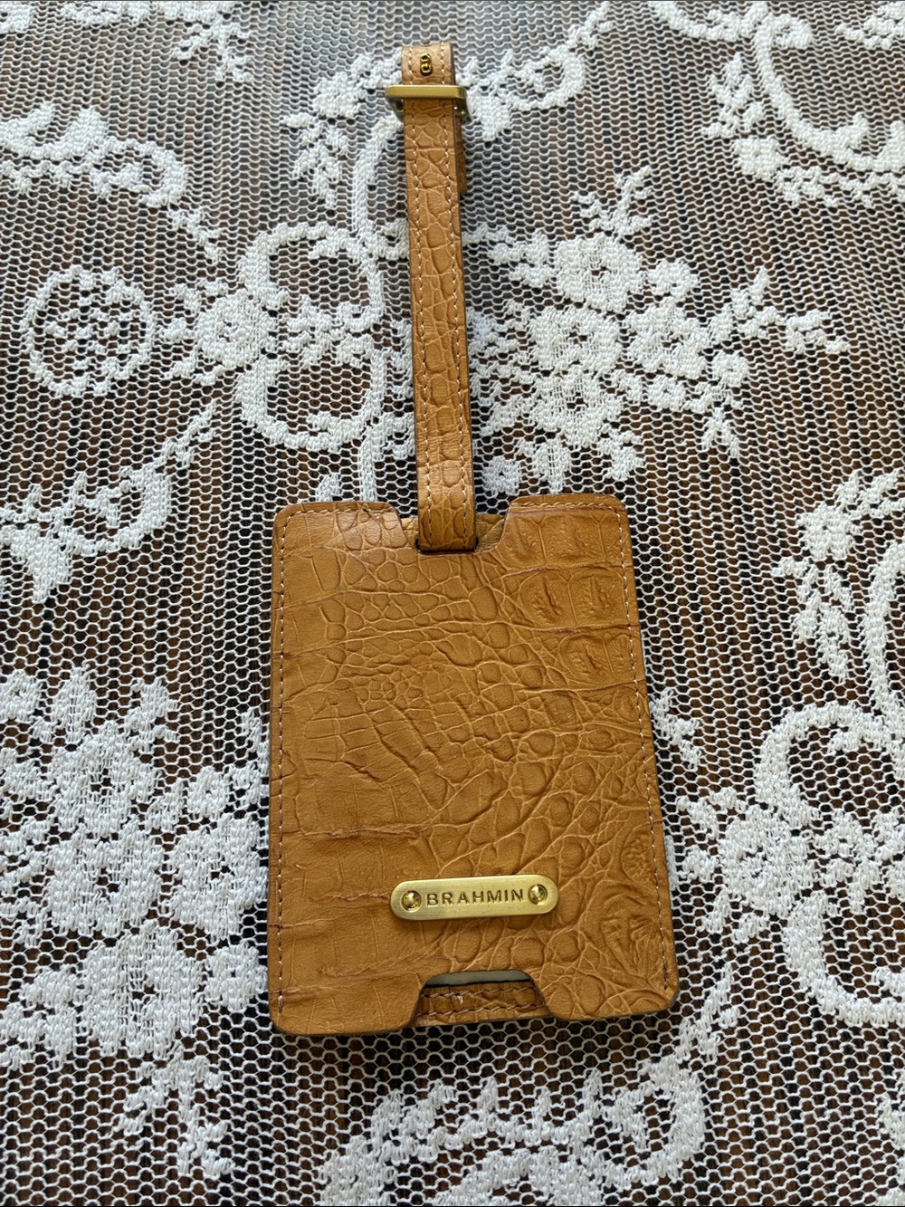 Brahmin Tan Croc-Embossed Luggage Tag with Gold Hardware